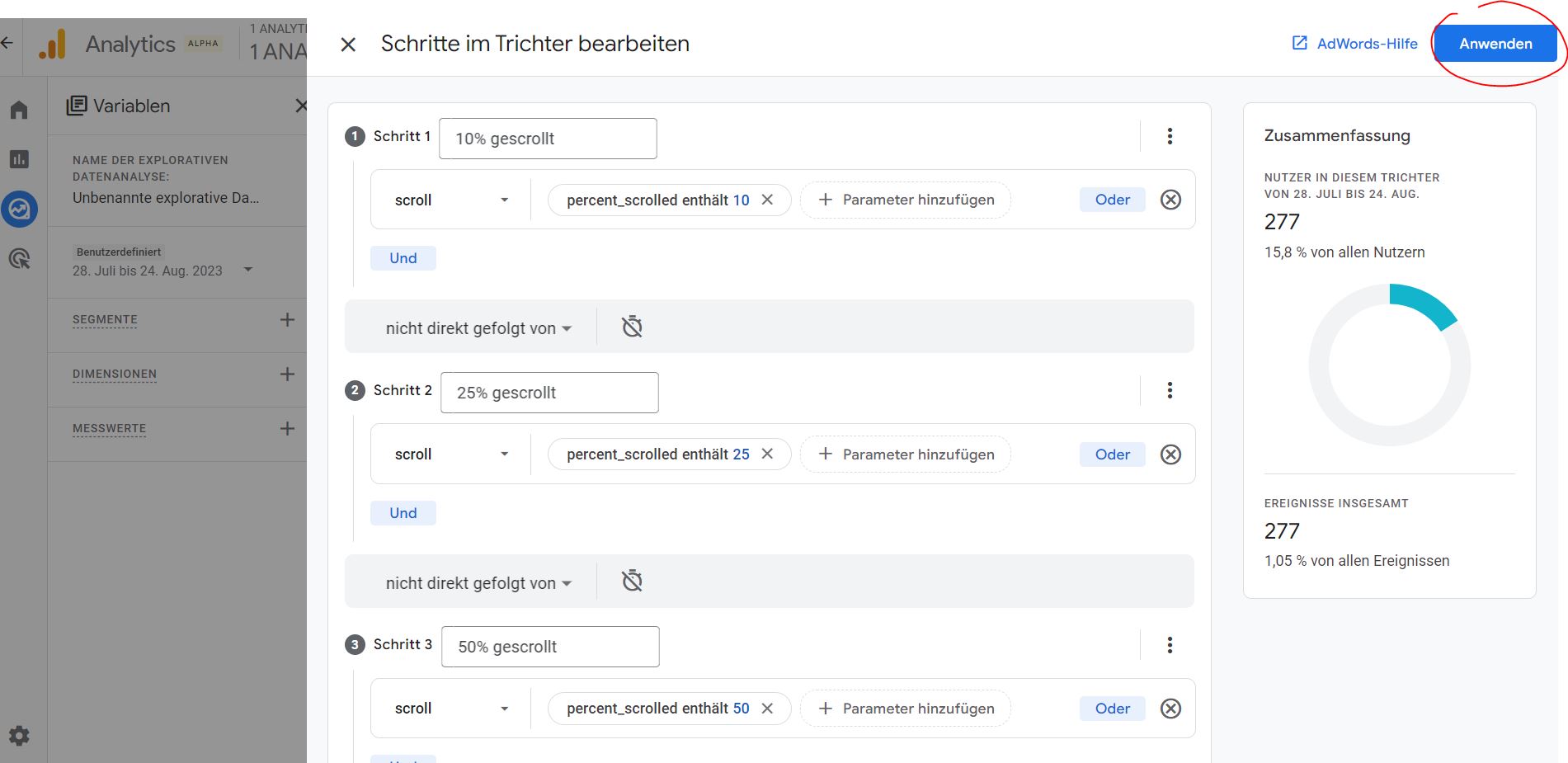 Scrolltrichter in GA4 anwenden