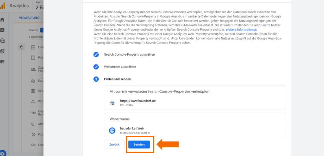 Search Console Integration prüfen und senden