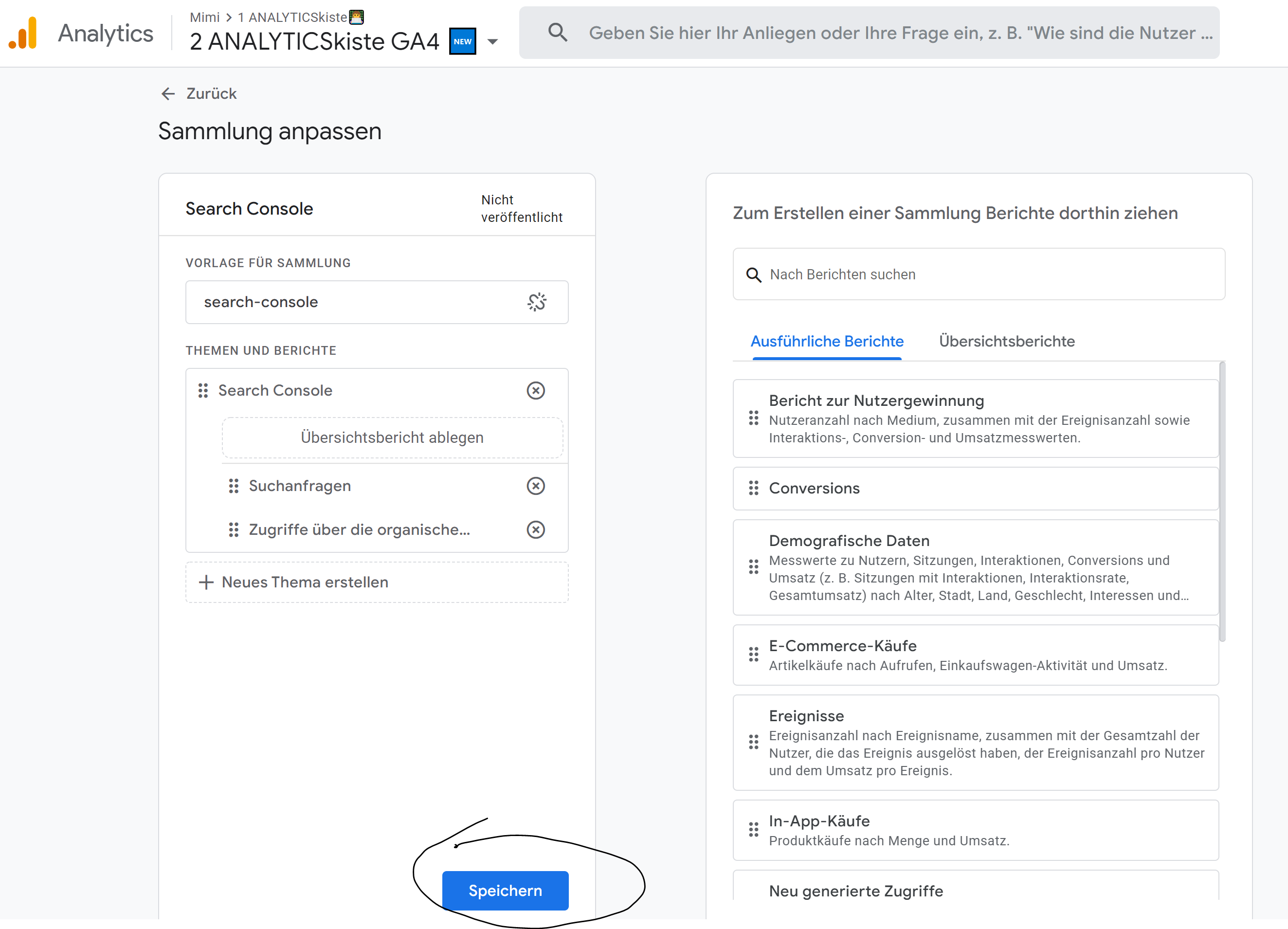 Search Console Sammlung speichern