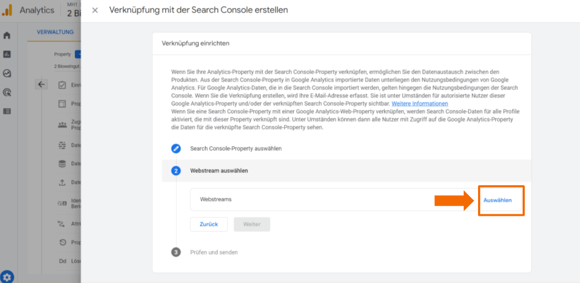 Search Console Schritt 2 - Webstream auswählen