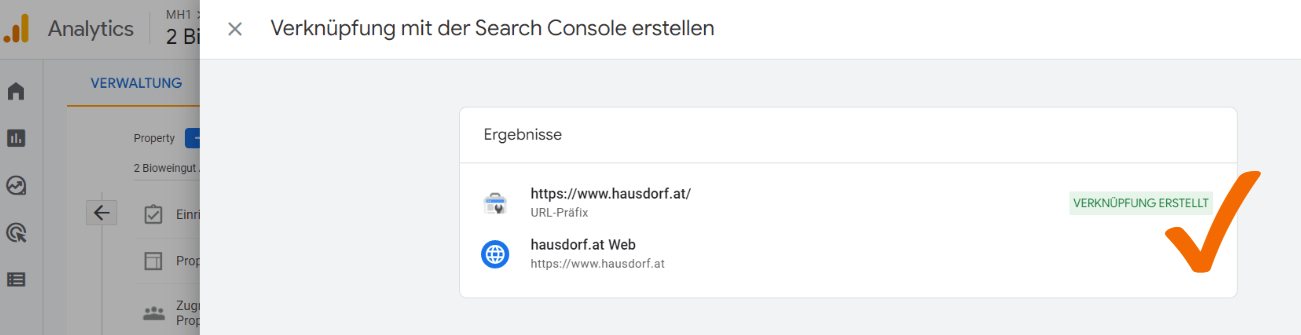 Search Console Verknüpfung in GA4 erstellt