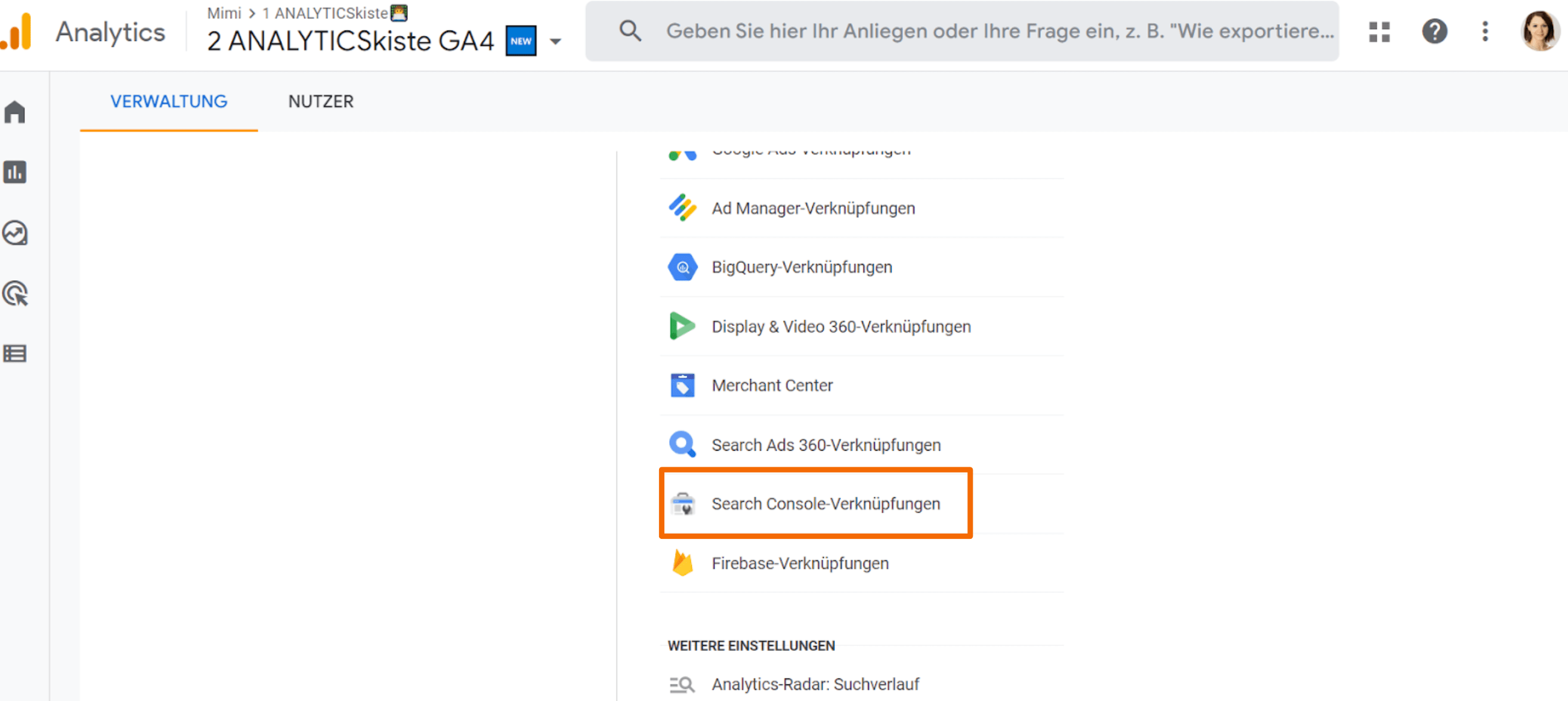 Search Console Verknüpfung in Google Analytics 4