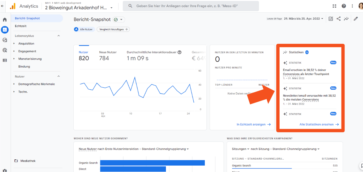 Statistiken im Bericht Snapshot in GA4