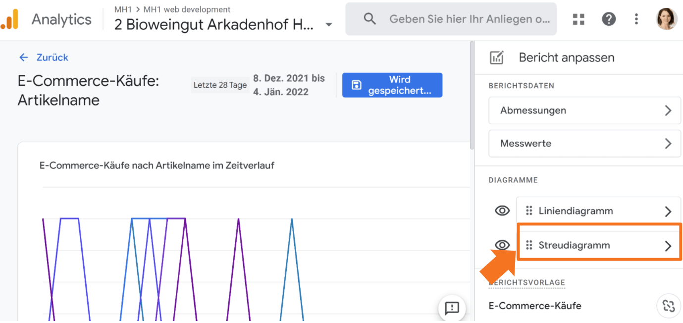 Streudiagramm in GA4 Standardberichten auswählen