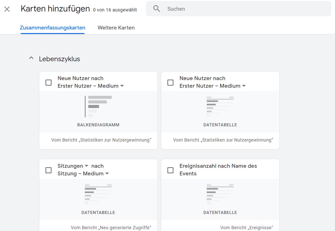 Übersichtsbericht in GA4 - Karten auswählen