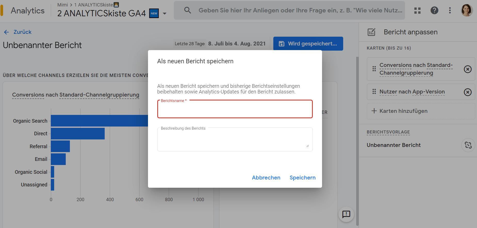 Übersichtsbericht in GA4 - Name und Beschreibung vergeben